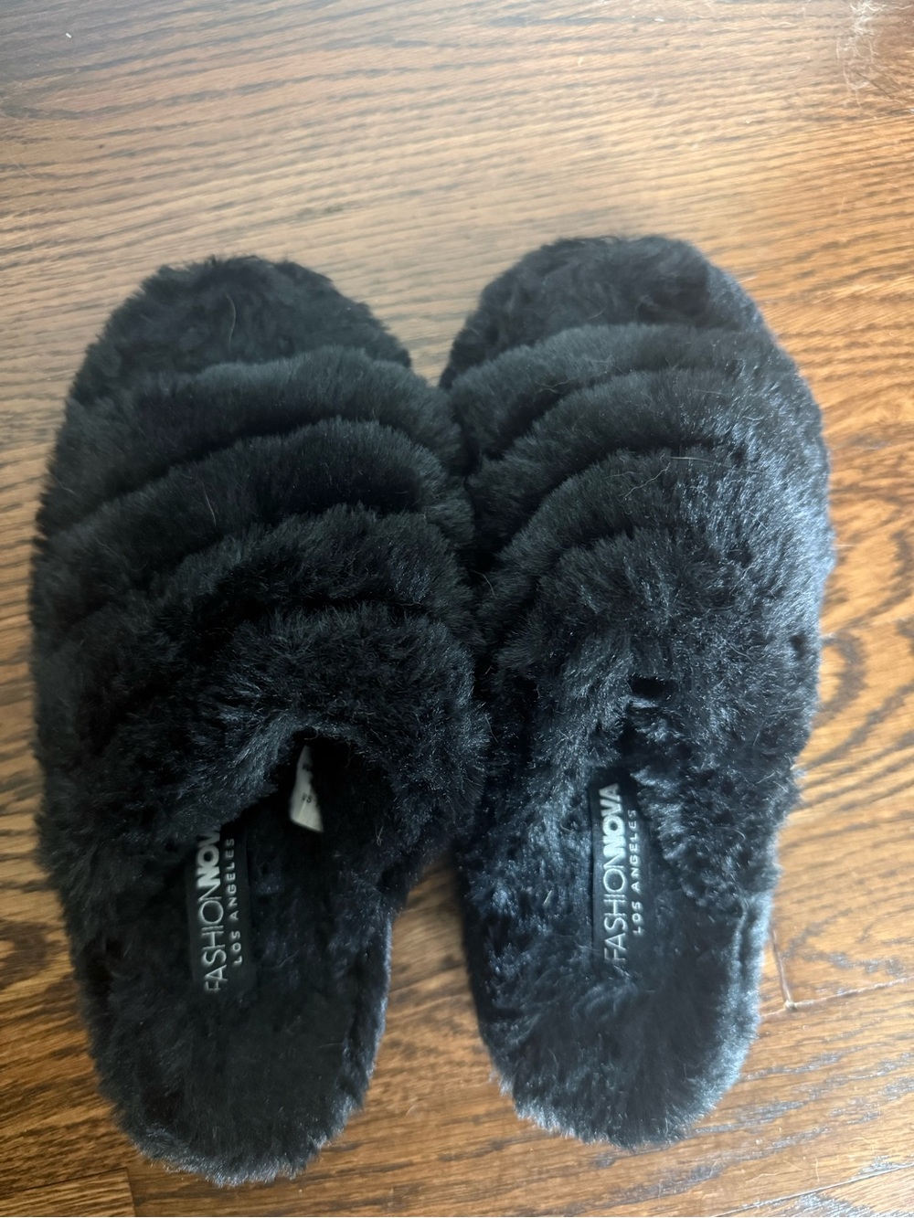 Fashion Nova Plush Black Fuzzy Slide Slippers for Women